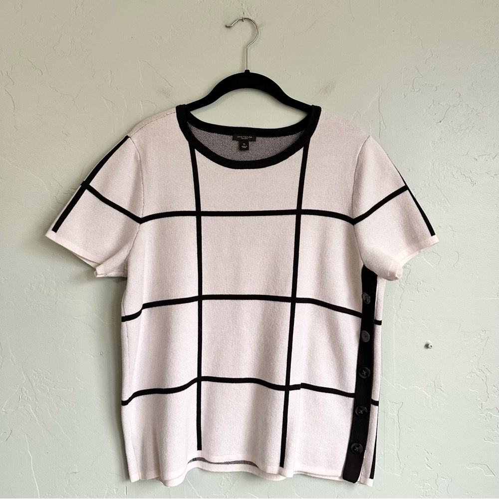 Ann Taylor Factory Cream Top with Black Grid Detail